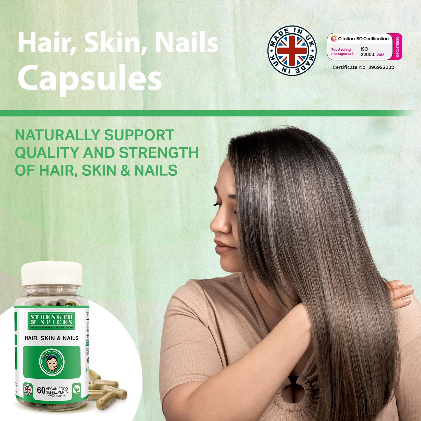 STRENGTH & SPICES100% Natural Vegan Food Supplements Strength & Spices Hair, Skin & Nails 100% Natural Supplement – 20 Ingredients w Biotin Selenium & Zinc - 60 Vegan UK Made 1000mg Capsules – Hair & Nails Growth, Collagen Formation