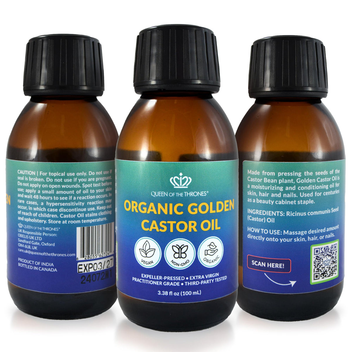 QUEEN OF THE THRONES Queen of the Thrones Organic Golden Castor Oil - Expeller-Pressed Oil for Self-Care - Multipurpose Clean Beauty Product for Hair, Nail & Skin Hydration - 100mL