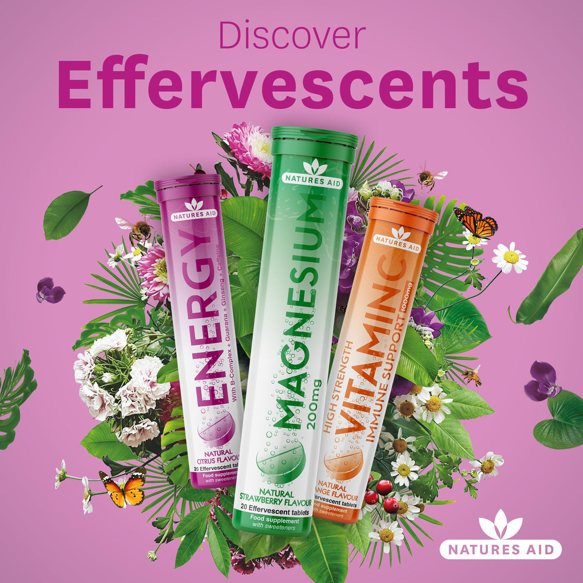 Natures Aid Magnesium Effervescent 20 Tablets – Strawberry Flavour – Supports Muscle, Nerve & Bone Health – High Absorption – Vegan, Non-GMO, Gluten-Free – Essential Daily Supplement