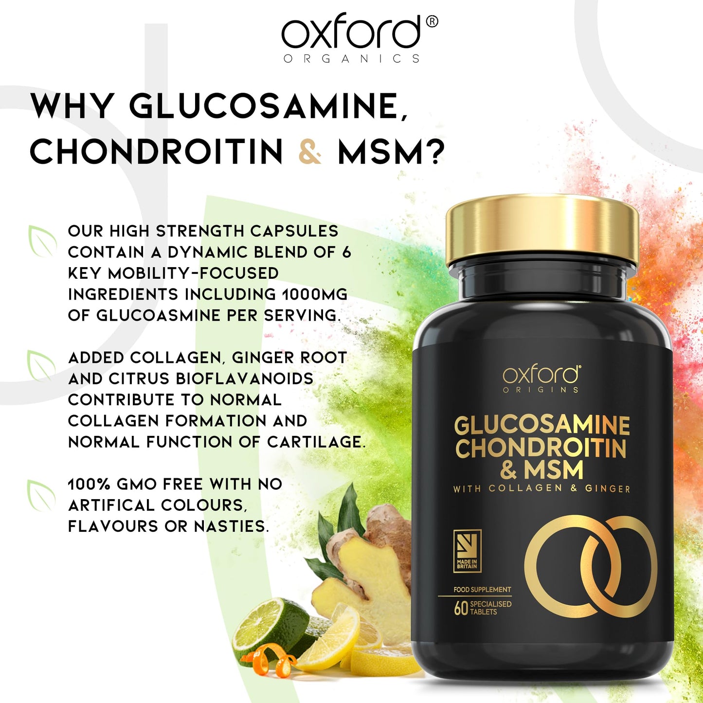 Glucosamine and Chondroitin MSM Tablets High Strength | 60 Glucosamine Sulphate Tablets - with Collagen, Citrus Bioflavonoid and Ginger Root Extract | Glucosamine Tablets Men and Women Made in The UK