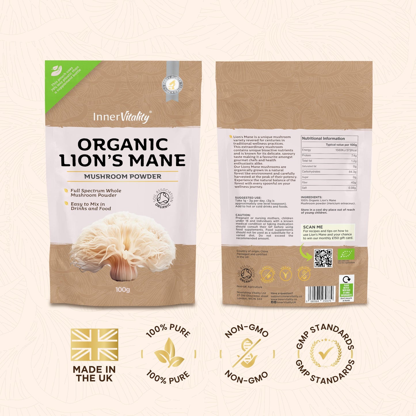 Organic Lions Mane Mushroom Powder - 100g High Strength Full Spectrum Lions Mane Supplement to Support Brain & Mental Performance by Inner Vitality, 100.00 g (Pack of 1)