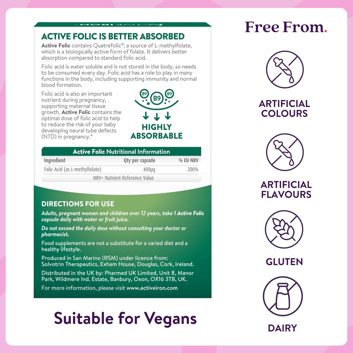 Solvotrin Active Folic 400 mcg – L-Methylfolate Folic Acid Supplement – Highly Absorbed, Vegan – Supports Pregnancy, Energy, Tiredness & Fatigue Reduction – 60 Capsules (2-Month Supply)