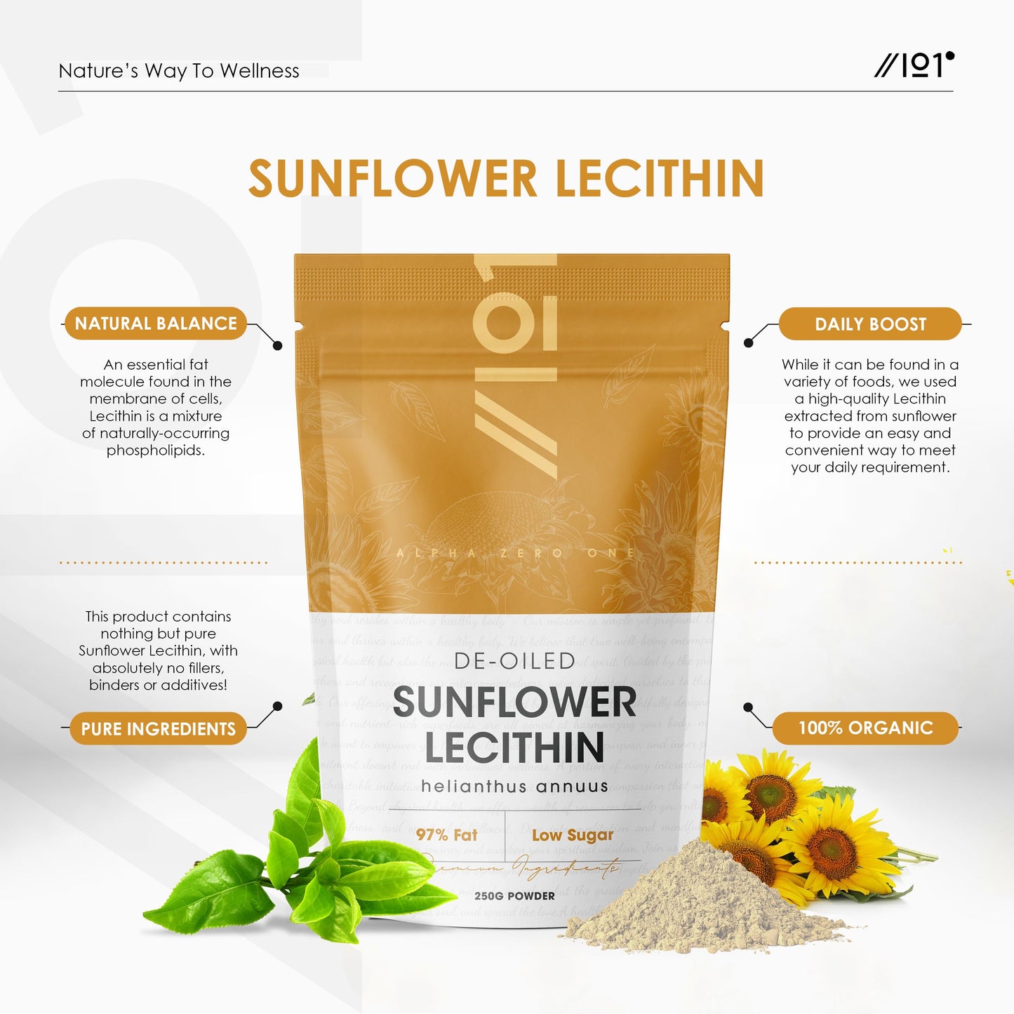 ALPHA01 Sunflower Lecithin Powder 250g - De-Oiled 97% Essential Fat - Premium Quality - Resealable and Recyclable Pouch by Alpha01