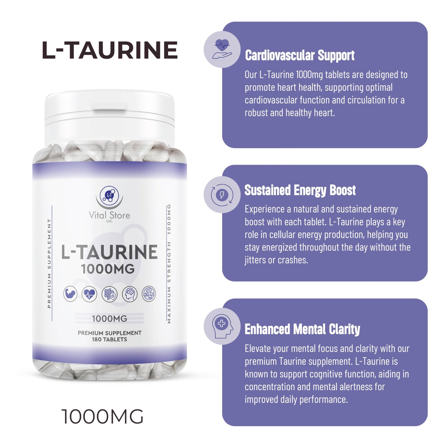 Generic L-Taurine 1000mg Vegan Tablets - 6 Months Supply - Vegan Taurine Supplement