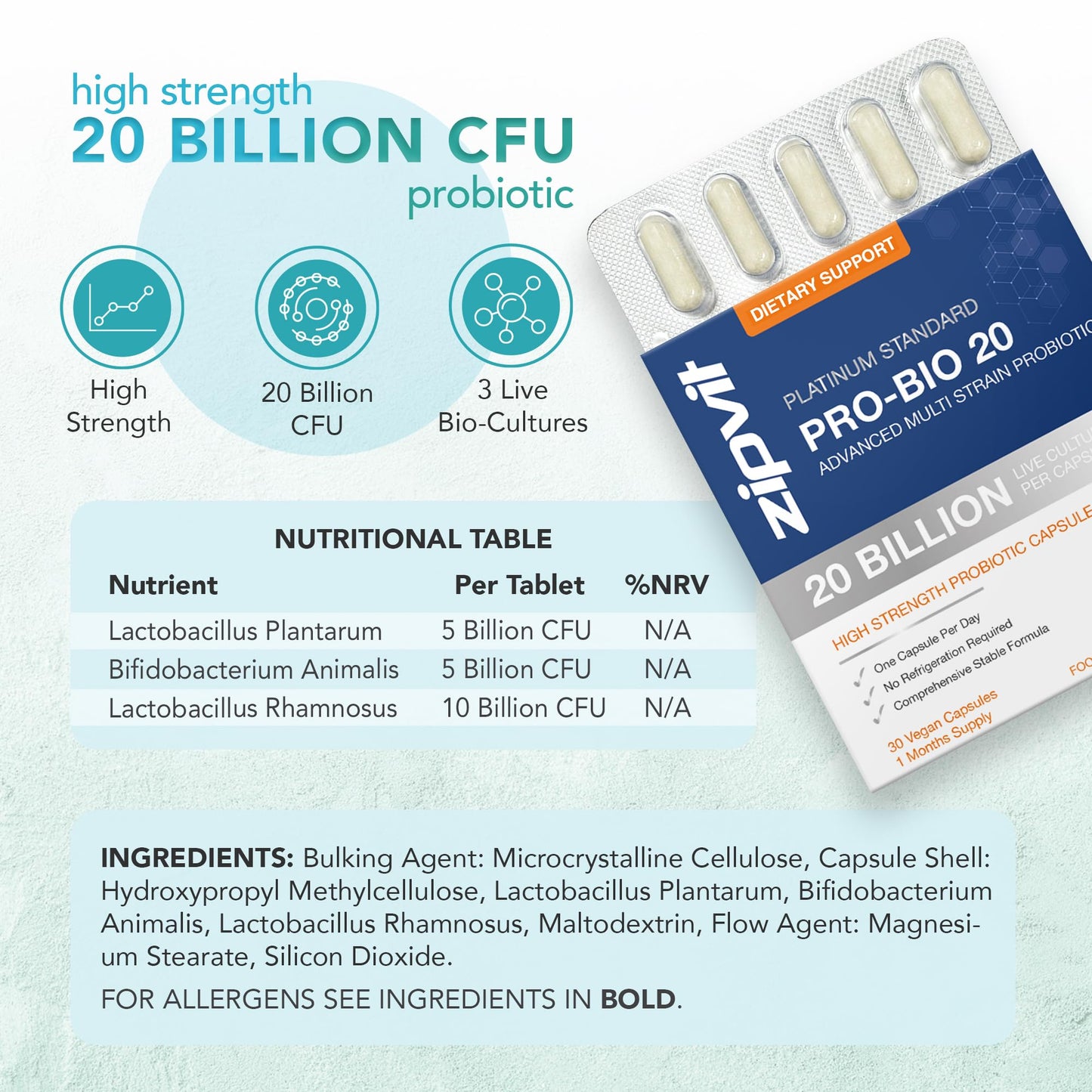 Zipvit Pro Bio 20 Billion CFU Probiotic, High Strength, 30 Vegan Probiotic Capsules for Men & Women, 3 Live Bacterial Cultures Including Lactobacillus & Bifidobacterium animalis