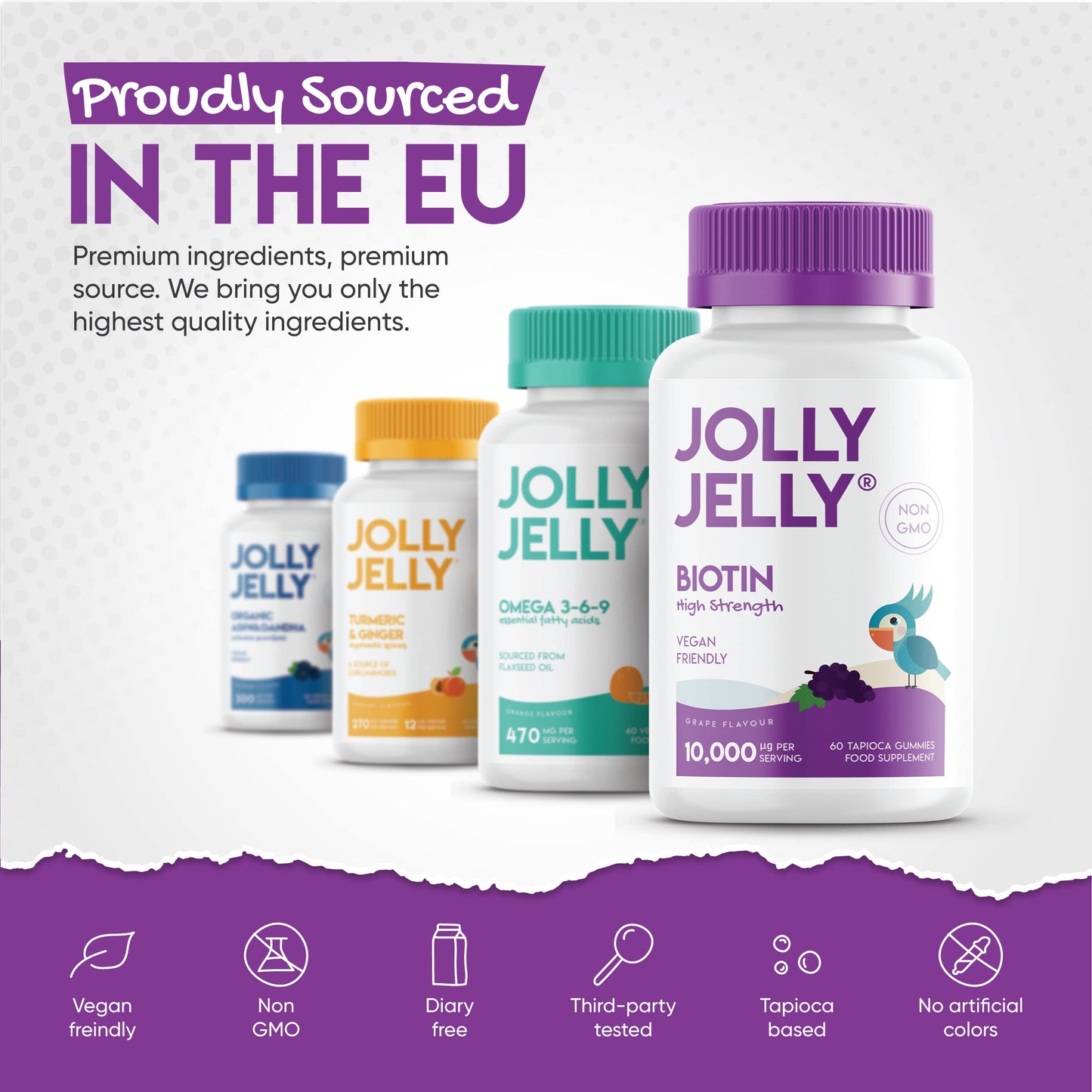 JOLLY JELLY Biotin Tapioca Fruity Gummies - 10,000mcg - Potent Formula for Hair Skin and Nails, Made with Organic Tapioca, Grape Flavour - Kosher, Halal, Non GMO - 60 Vegan Gummies.