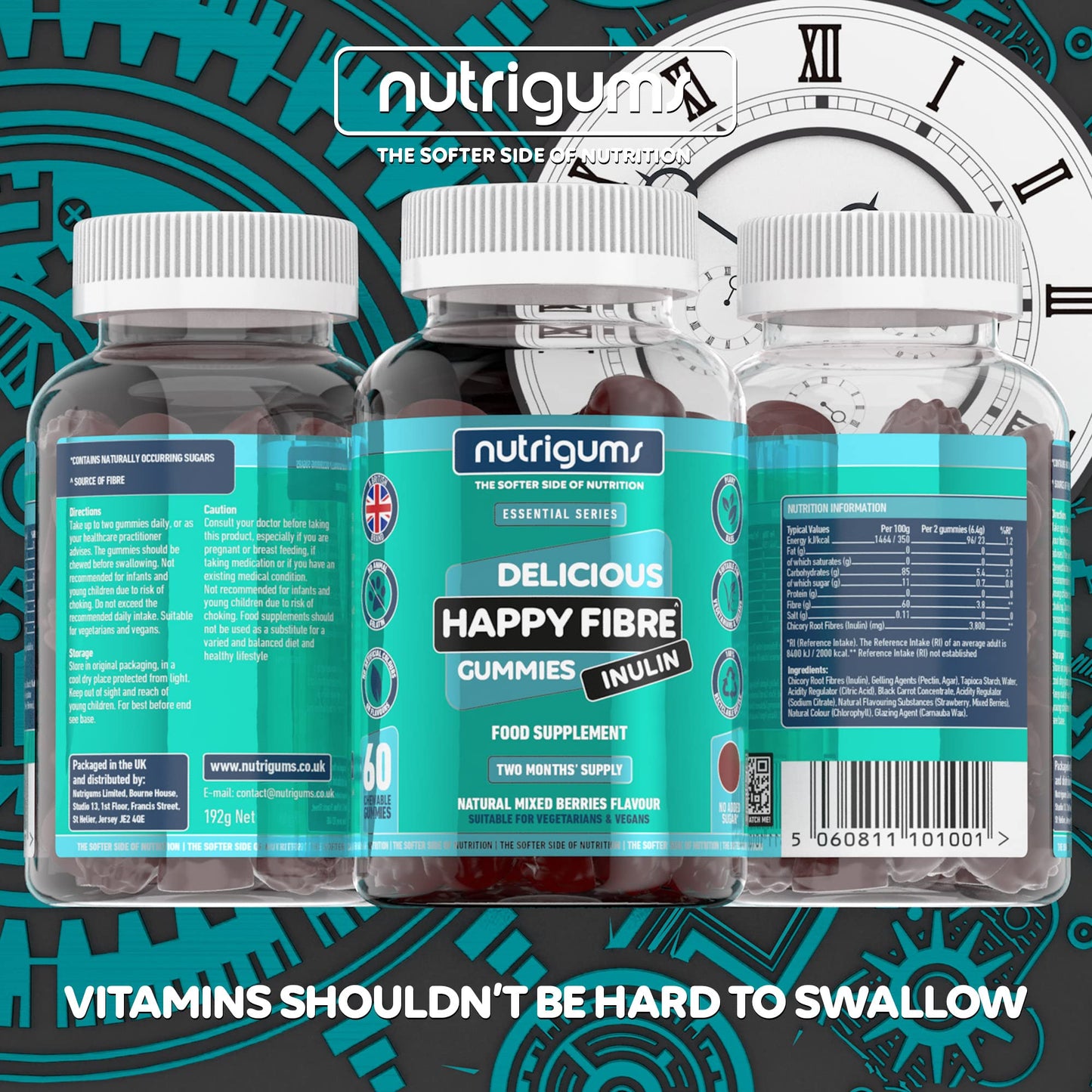 Happy Fibre (Inulin) Prebiotics Mixed Berry 60 Vegan Gummies | Chicory Root, 3.8g Fibre per 2 Gummies. Zero Added Sugar | Gut Health and Digestive System Support | Adults & Kids Age 5+ by NUTRIGUMS®