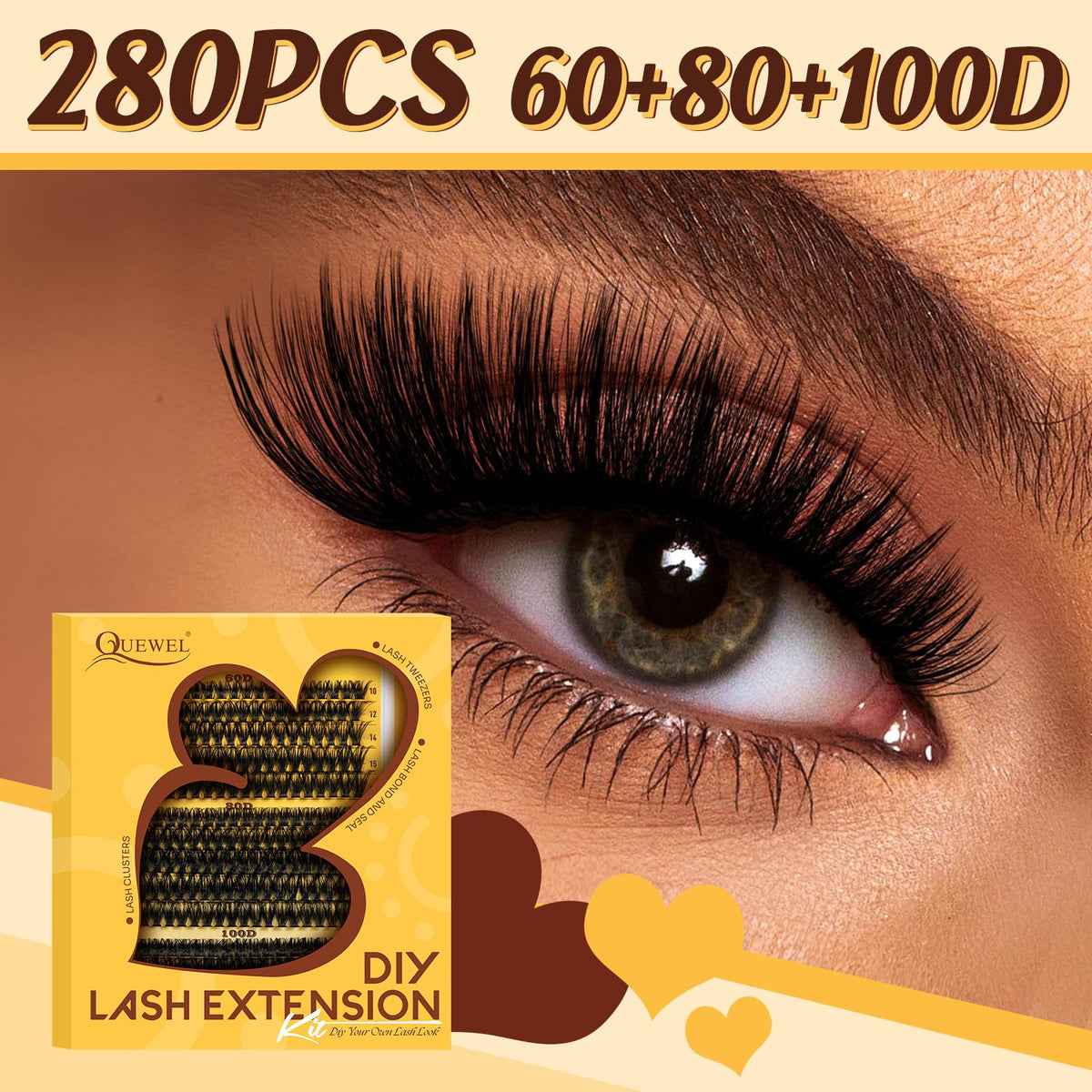 QUEWEL Fluffy Individual Eyelashes Kit 60+80+100D Clusters Lashes Kit, Eyelash Individual DIY Lash Extension kit Mix 10-16mm, Individual Cluster with Bond and Seal (60D+80D+100D-KIT)