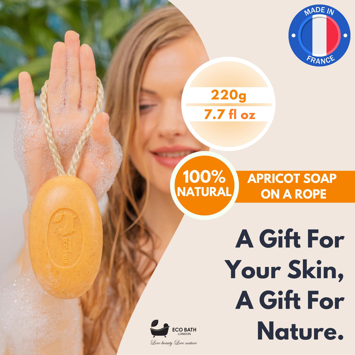 Eco Bath London Apricot Soap on a Rope, Luxury Eco-Friendly Natural Soap, 220g