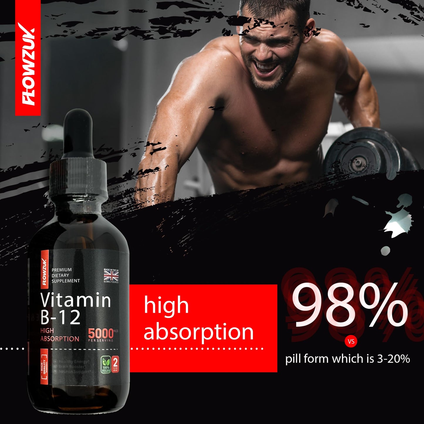 Flowzuk B12 Liquid Vitamin Drops 5000 mcg Methylcobalamin High Strength 60ml Dropper Bottle - Vegan Friendly - Sublingual for Fast Absorption - Gluten Free - Made in The UK