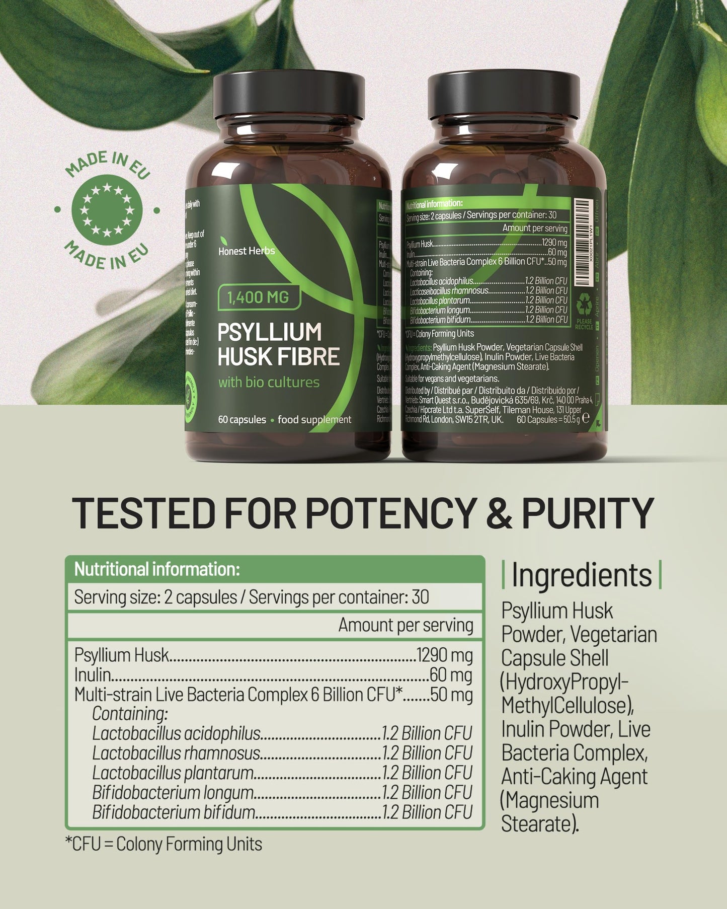 Honest Herbs Psyllium Husk Capsules with Probiotics - Fibre Supplement Complex 1400mg - 60 Capsules - 6 Billion Probiotics 5 Strains