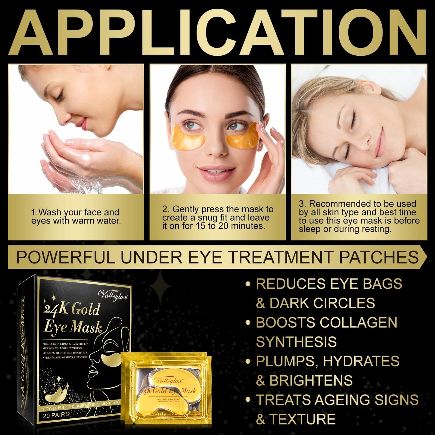 Generic Under Eye Patches,24K Gold Eye Masks, Eye Masks for Anti Wrinkles, Dark Circle Puffiness, Eye Gel Patch Women Men Under Eye Gel Patches (20 Pairs)