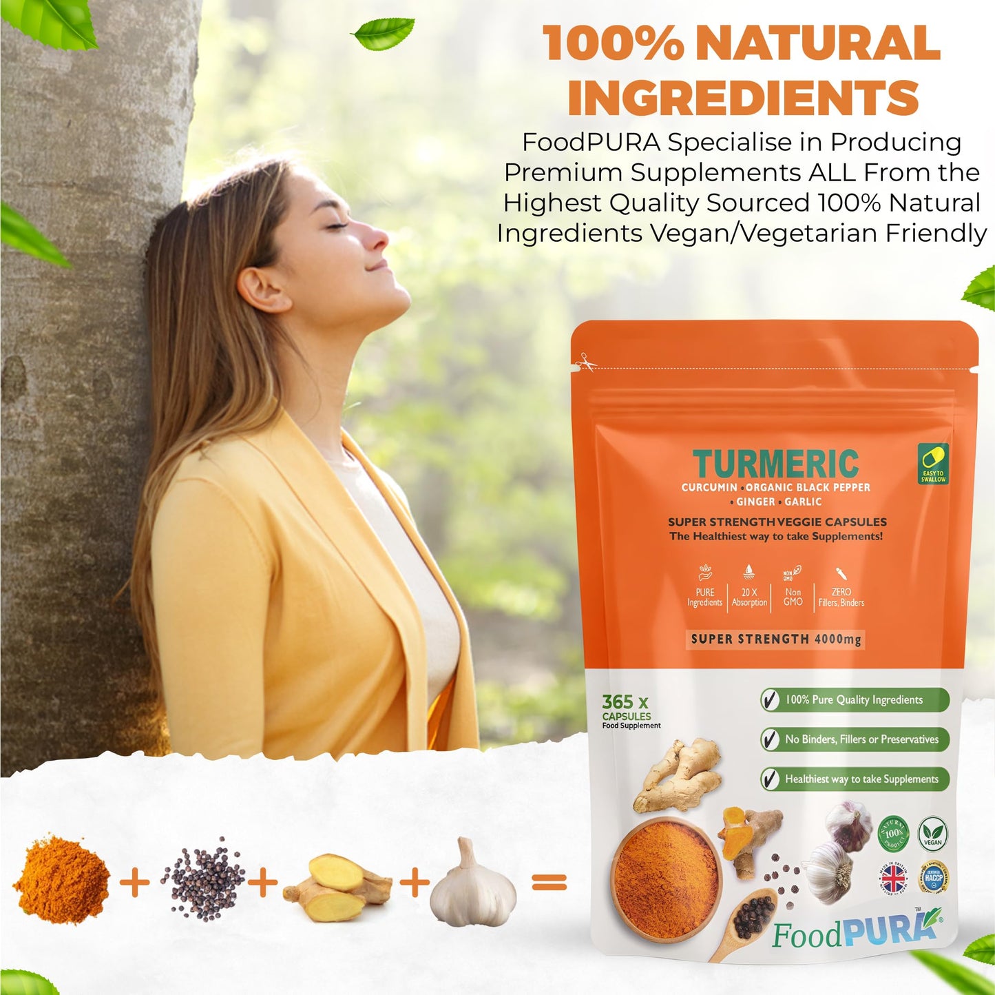 FoodPURA 365 x 4000mg Turmeric (Curcumin), Ginger, Garlic & Organic Black Pepper Capsules HACCP Certified, Manufactured in The UK by FoodPURA (365)
