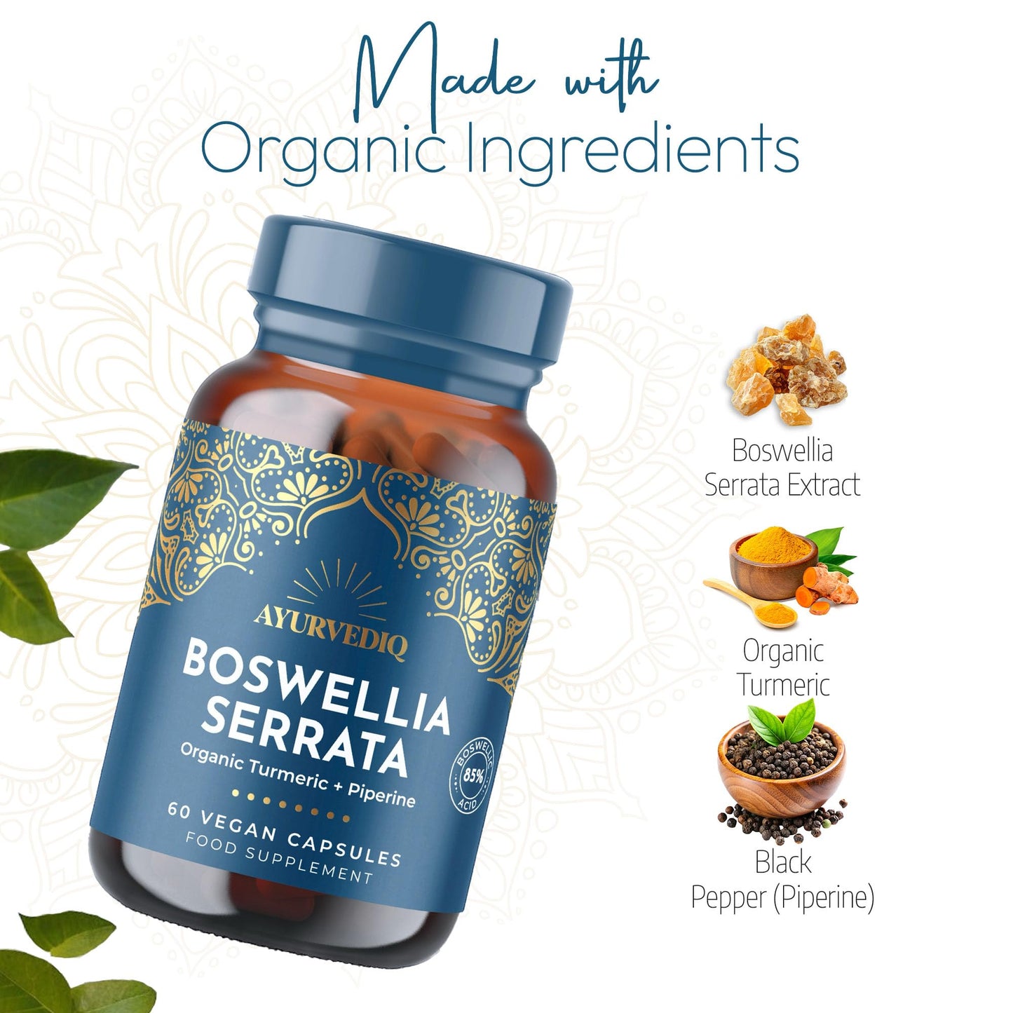 AYURVEDIQ WELLNESS Ayurvediq Boswellia Serrata and Turmeric with Black Pepper Piperine Capsules – 60 Vegan Organic Turmeric Curcumin Capsules a Natural Anti Inflammatory Supplement Joint Support - Ayurvedic Products