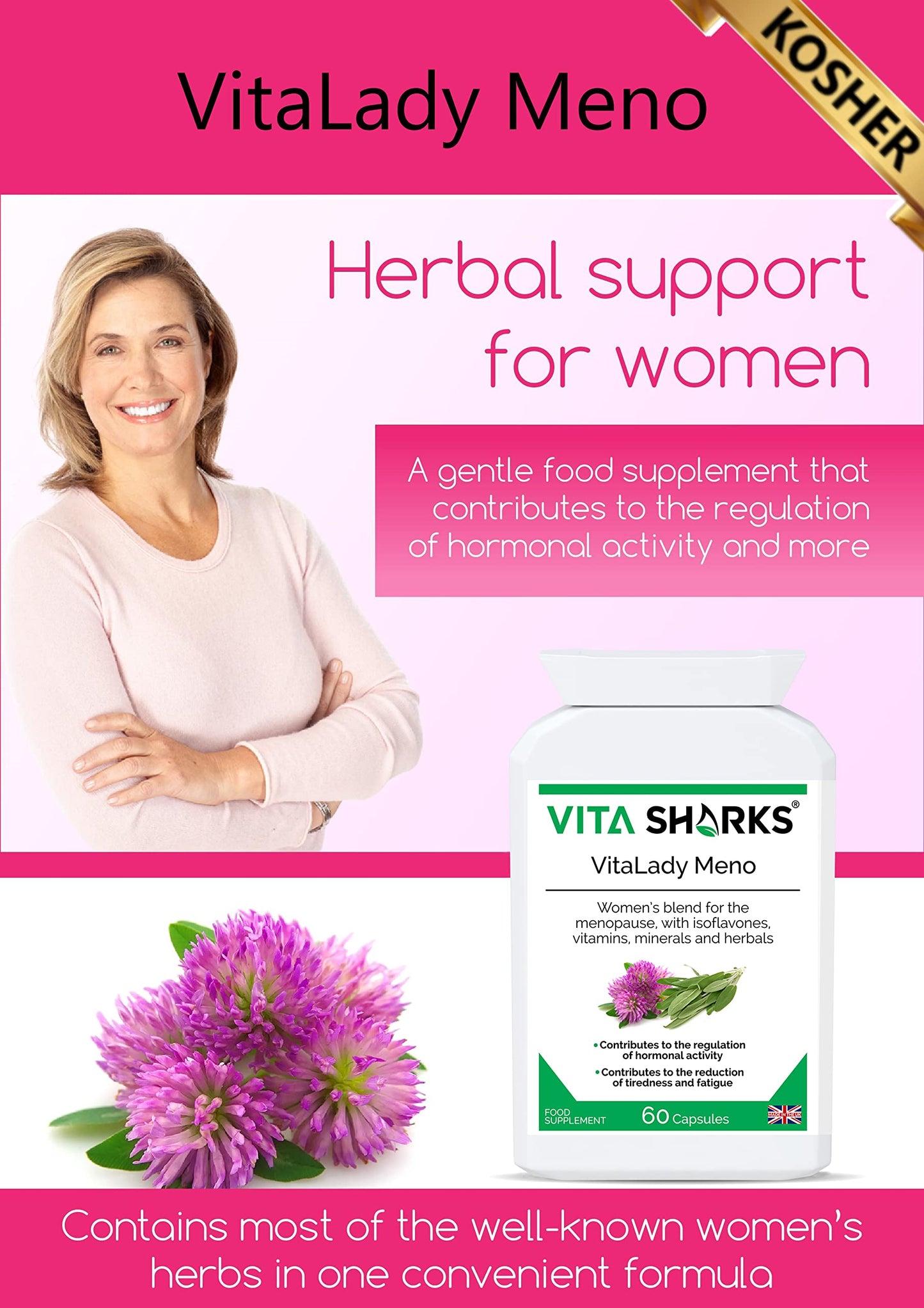 Vita Sharks VitaLady Meno for Natural Relief & Support of Menopause Symptoms & Hot Flashes, with 13 Potent Kosher Vegan Herbal Ingredients Including B6, Zinc & Isoflavones