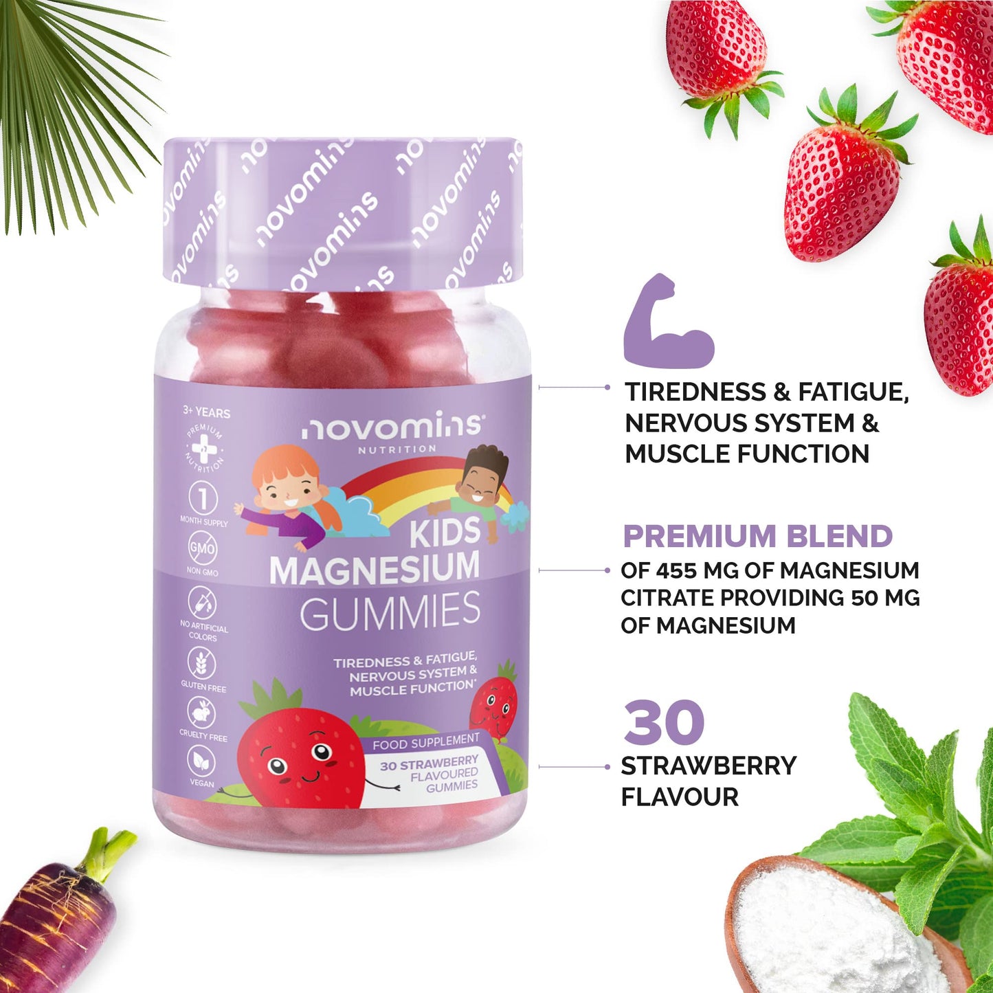 Kids Magnesium Gummies – Vegan - 1 Month Supply – Childrens Supplements – 30 Chewable Vitamins – 455 Mg Magnesium Citrate providing 50 mg Magnesium- by Novomins
