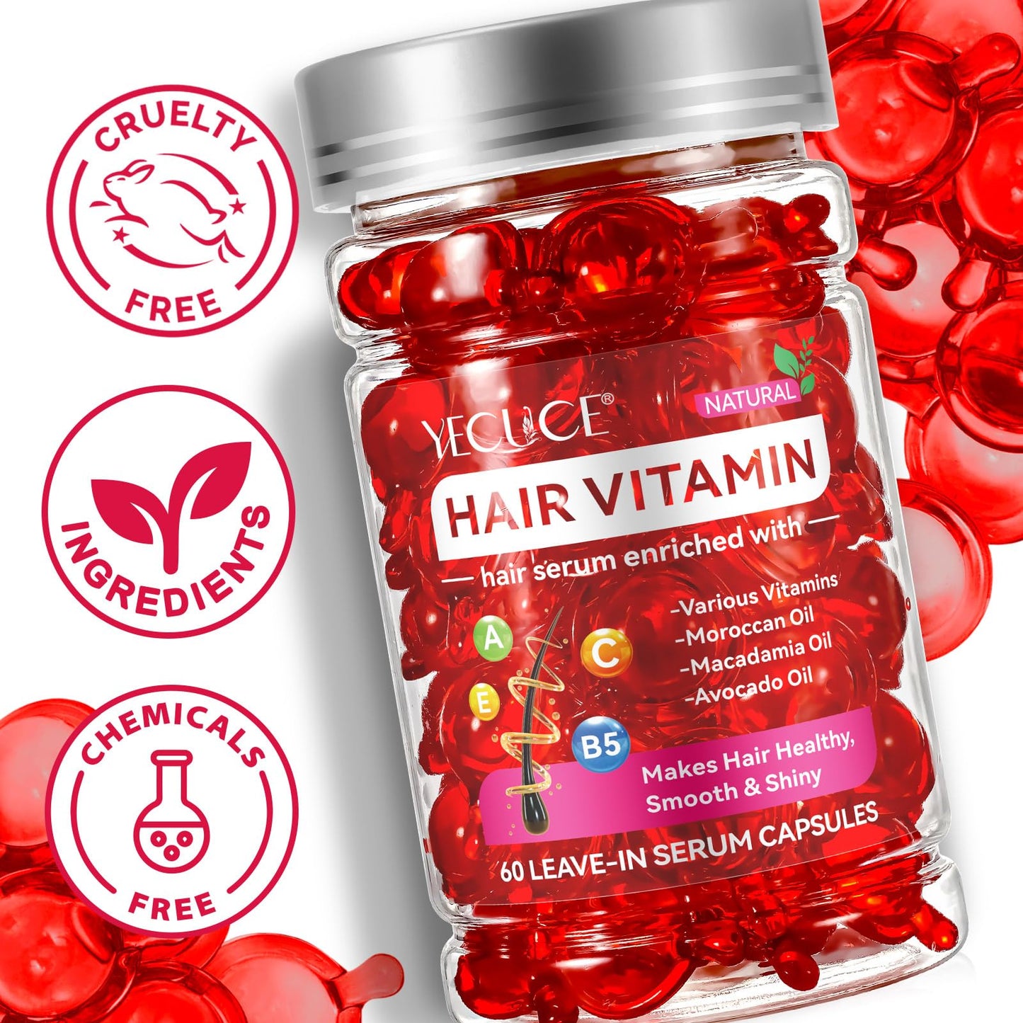 ZyranovaE Hair Vitamin Serum Oil Capsule,Hair Treatment Serum with Vitamins A C E Pro B5 and Argan Macadamia Avocado Oils,No Rinse,and Safe for All Hair,For Men & Women(60PC)