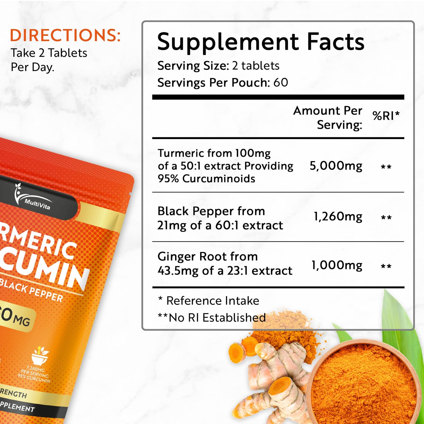 Multivita Turmeric Curcumin Tablets 7,260mg Per Serving - 95% Curcuminoids 2 Months Supply - with Ginger & Active Curcumin including Black Pepper to Aid Absorption - High Strength Tumeric Supplement - Vegan UK