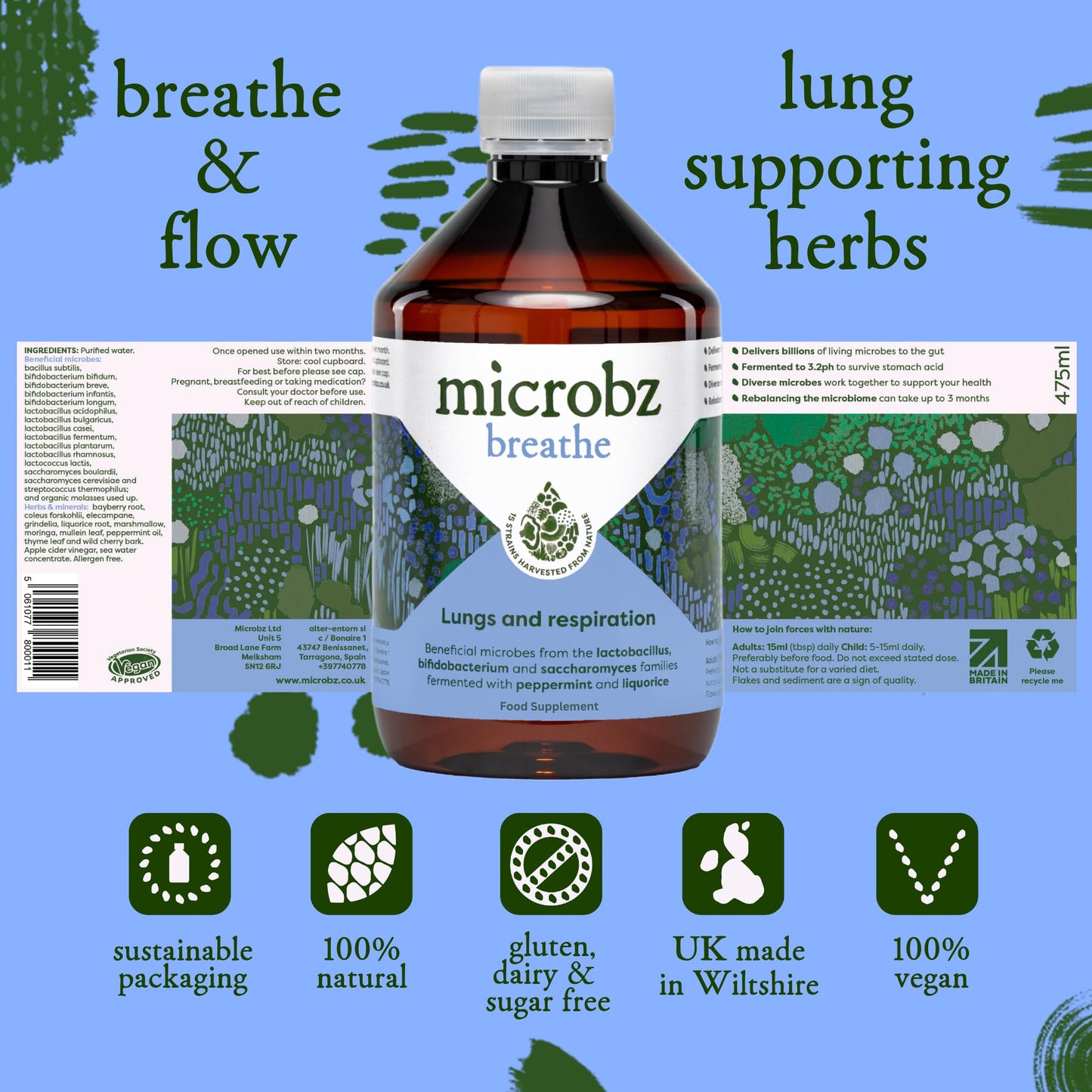 MICROBZ Breathe Liquid PROBIOTIC – Bio Culture Complex Probiotics for Gut Health, Respiratory Support Supplement, Multi Strain Live Friendly Bacteria for Women, Men & Kids - Vegan | 1 Month Supply
