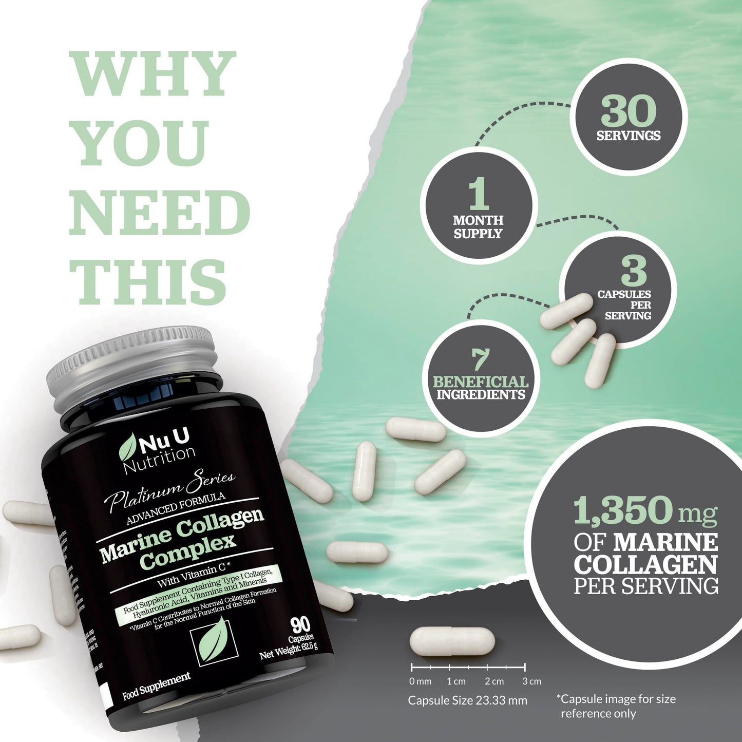 Nu U Nutrition Marine Collagen with Hyaluronic Acid, Vitamin C - 90 Hydrolysed Capsules (not Tablets) - Premium High Strength Collagen Supplements for Women & Men - Type 1 Marine Collagen - for Hair Nails & Skin