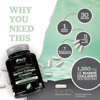 Nu U Nutrition Marine Collagen with Hyaluronic Acid, Vitamin C - 90 Hydrolysed Capsules (not Tablets) - Premium High Strength Collagen Supplements for Women & Men - Type 1 Marine Collagen - for Hair Nails & Skin