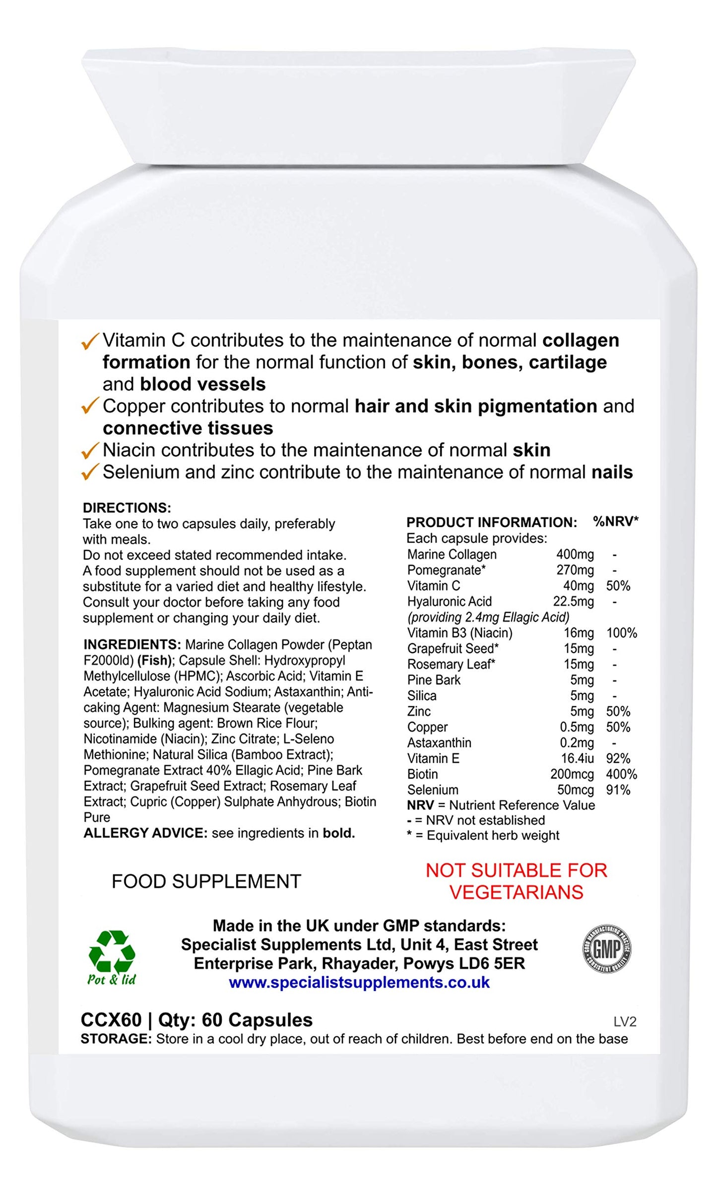Specialist Supplements Collagen Ultra Beauty Marine Collagen, Hyaluronic Acid, Vitamin, Mineral, Herbal and Nutrient Complex