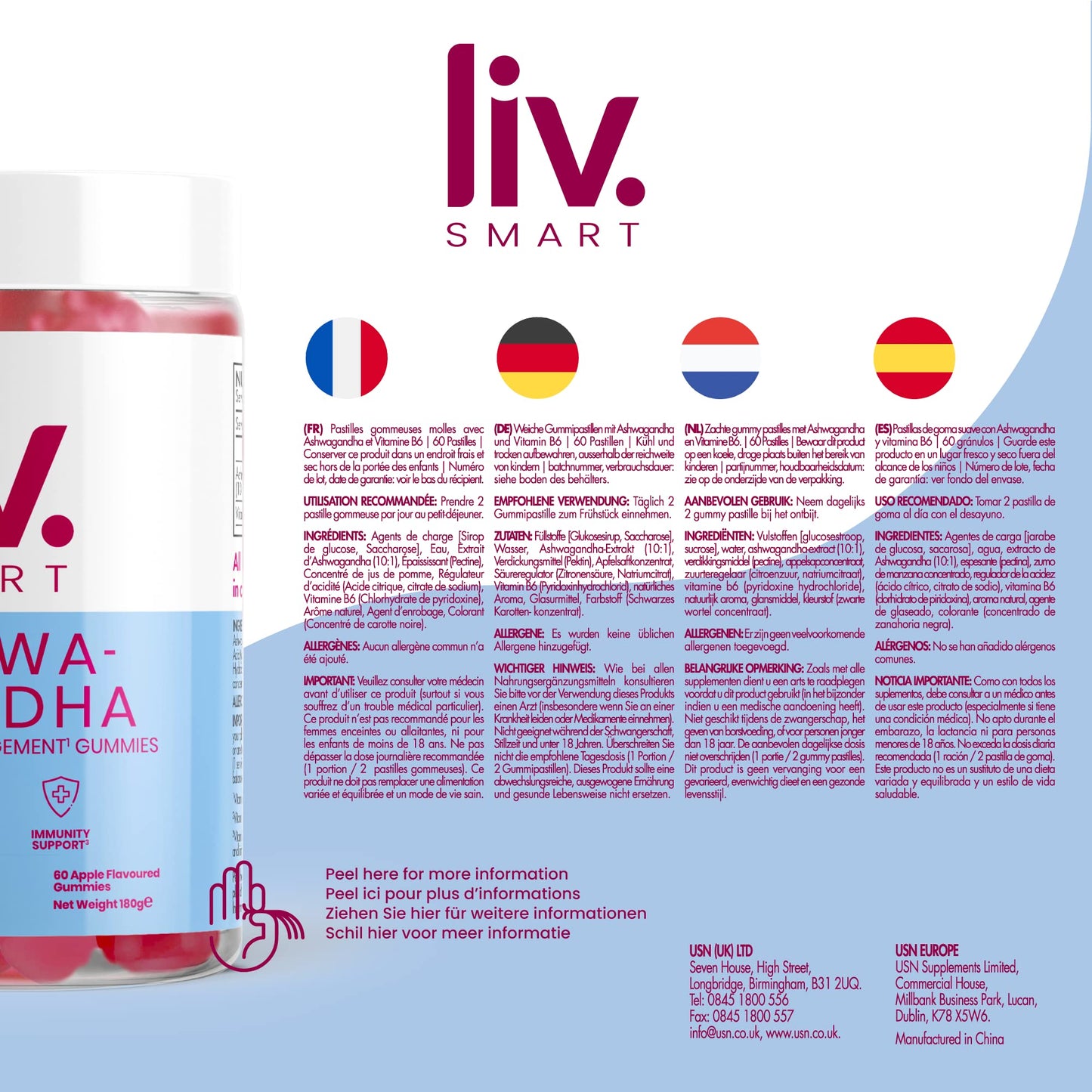 Liv.Smart by Usn Ashwagandha Gummies - 60 Delicious Apple Flavoured Stress Management Gummies with Added Vitamin B6 - for Mental Support, Mental Energy and Immunity Support