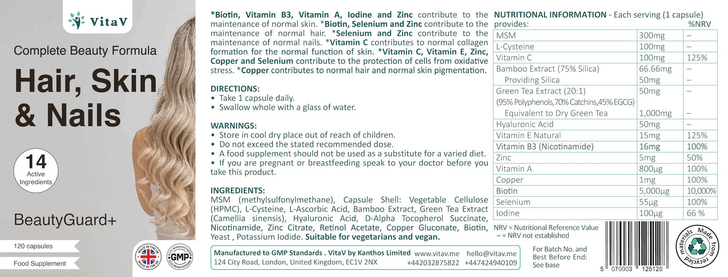 VitaV Hair Skin and Nails Vitamins | Biotin Supplements with Hyaluronic Acid MSM Silica Selenium Zinc Supplements Biotin Hair Growth Vitamins Beauty Formula Hair Vitamins Nail Care Hair Repair Multivitamin