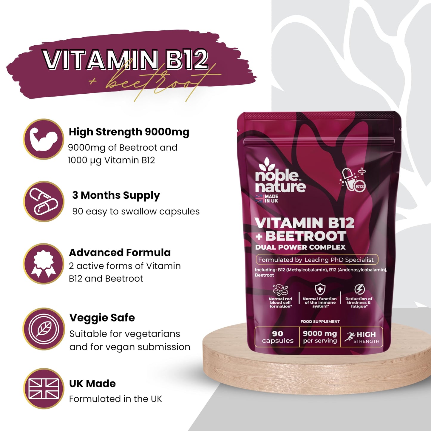 Beetroot & Vitamin B12 Complex – 9000mg Beetroot + 1000mcg Dual B12 (Methylcobalamin & Adenosylcobalamin) – Energy & Immune Support – 90 Vegan Capsules – UK Made (90)