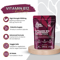 Beetroot & Vitamin B12 Complex – 9000mg Beetroot + 1000mcg Dual B12 (Methylcobalamin & Adenosylcobalamin) – Energy & Immune Support – 90 Vegan Capsules – UK Made (90)