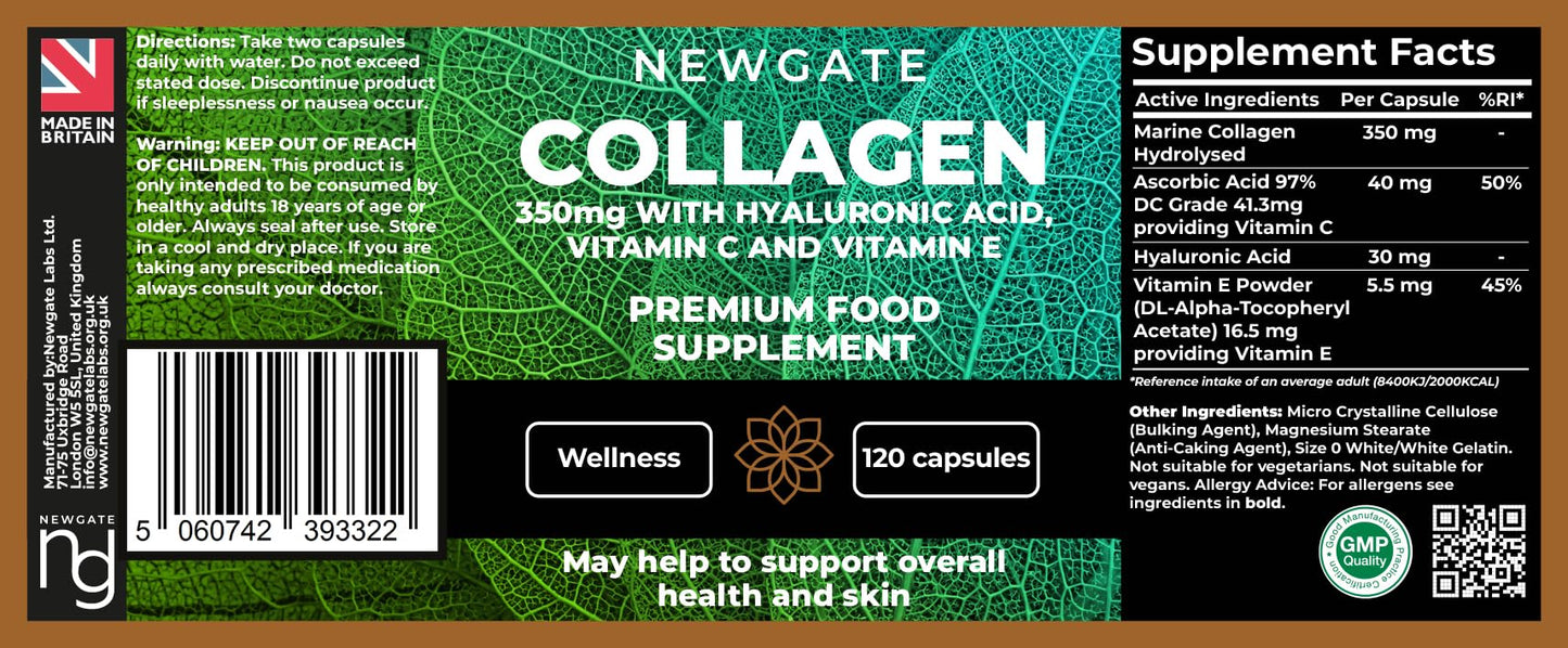 Newgate Labs Marine Collagen 350mg with Hyaluronic Acid, Vitamin C & Vitamin E - 120 High Strength Capsules - GMO Free - Halal - Made in The UK