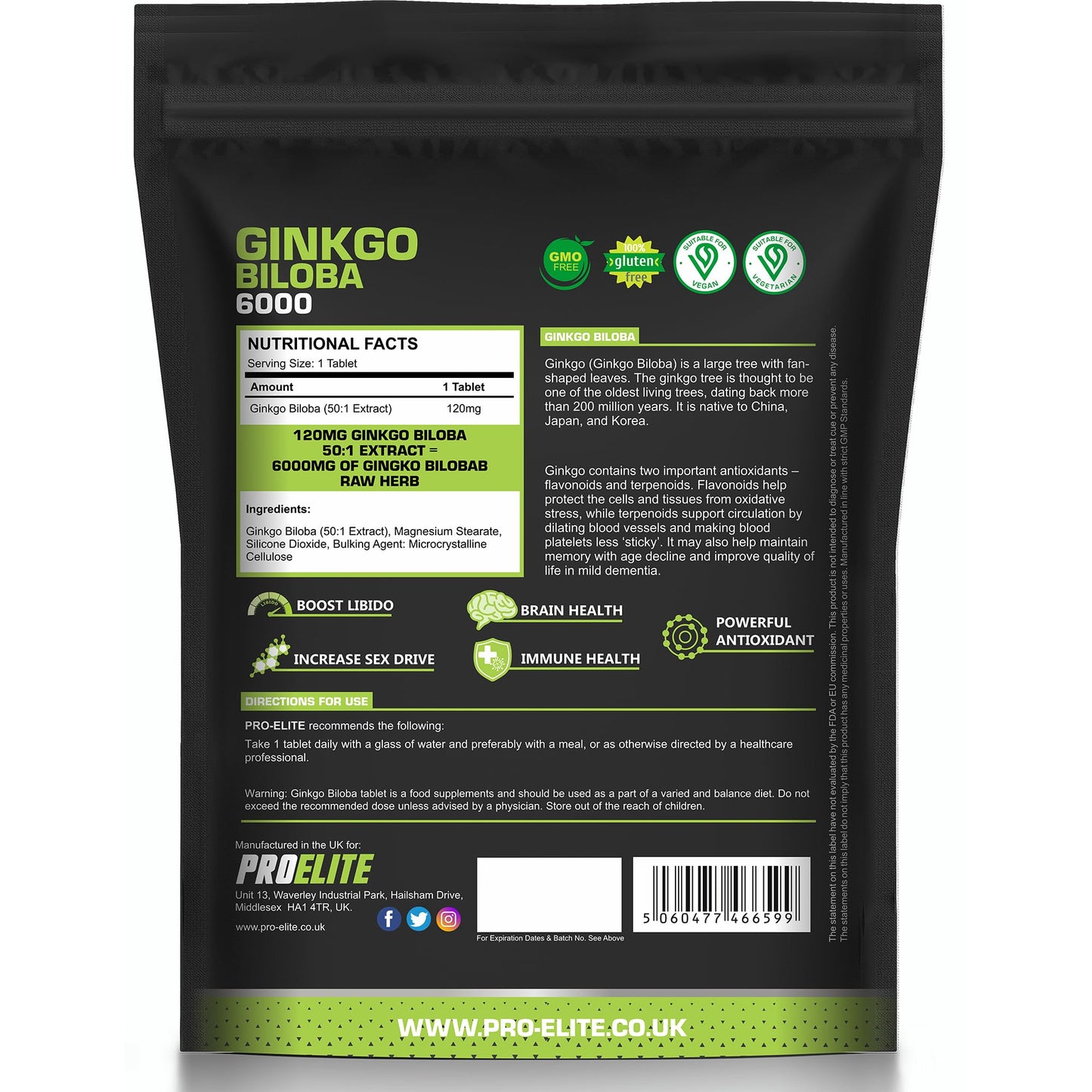 Ginkgo Biloba 6000mg - High Strength Vegan Ginkgo Biloba Leaf Extract 60 Tablets 50:1 Extract � Gluten Free, GMO Free - Made in UK by PROELITE