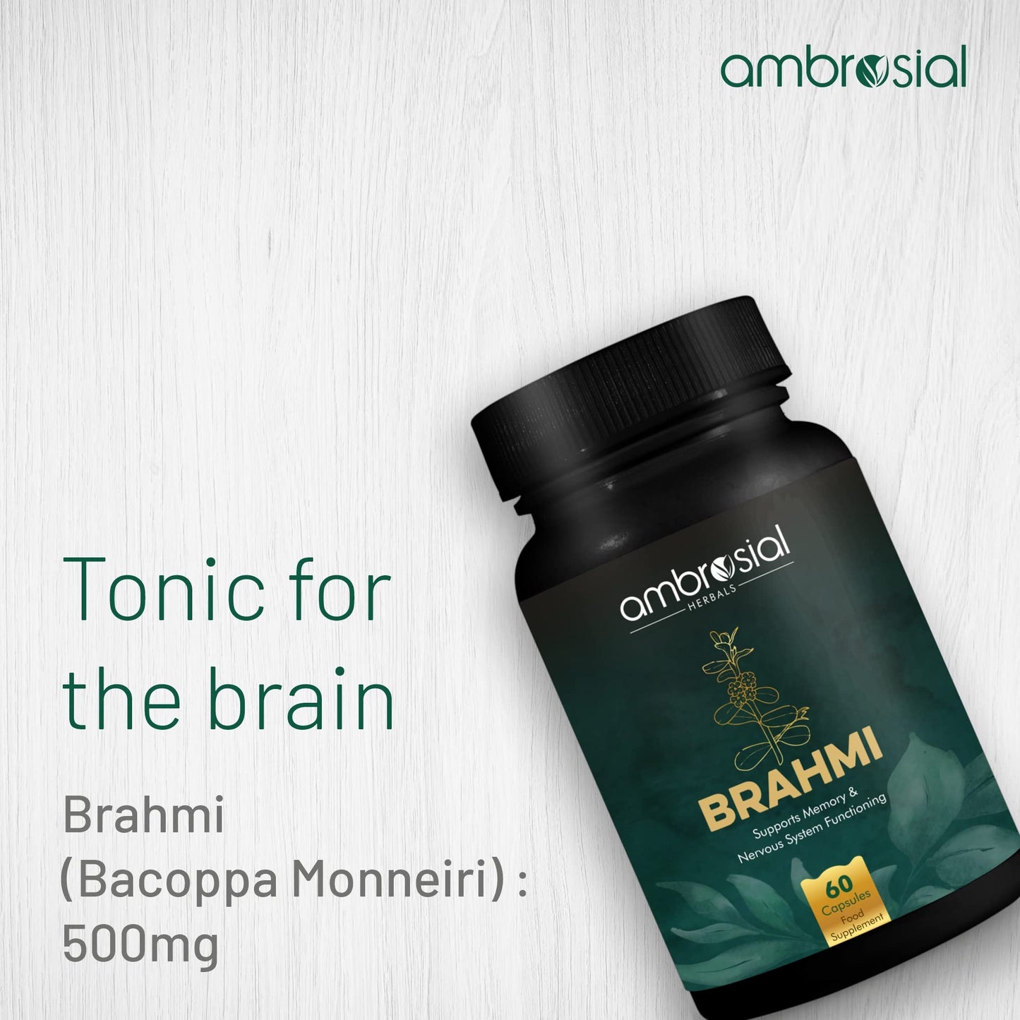 Ambrosial Brahmi Capsules 500 mg per Bacopa Monnieri Capsules | High Strength Nootropic | Nootropics Brain Supplements for Memory, Focus, Brain Booster & Mental Performance (Pack of 1-60 Capsules)
