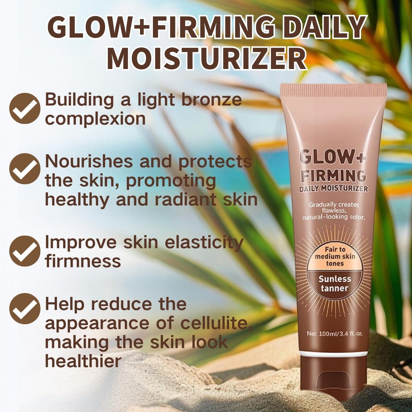Tanning Moisturiser - Moisturizing Sunless Self Tanning Lotion - Fair to Medium Skin Tones - Natural Glow +Firming Daily Moisturizer for Body - Tanning Accelerator Moisturizer For Face & Body Brown