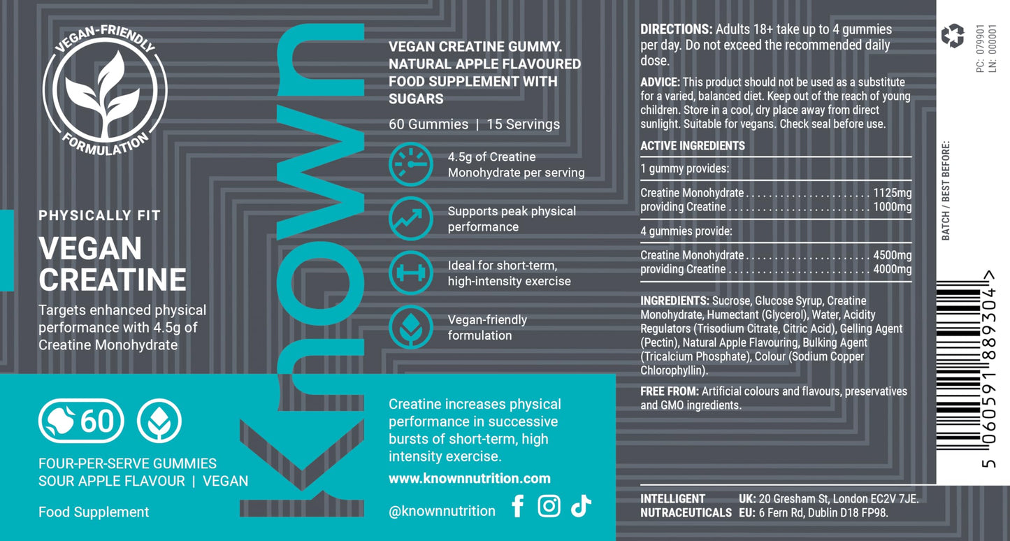 Known Vegan Creatine Gummies – 4500mg Creatine Monohydrate – Sour Apple Flavour – 60 Gummies 15 Days Supply – Third-Party Tested – Vegan Friendly