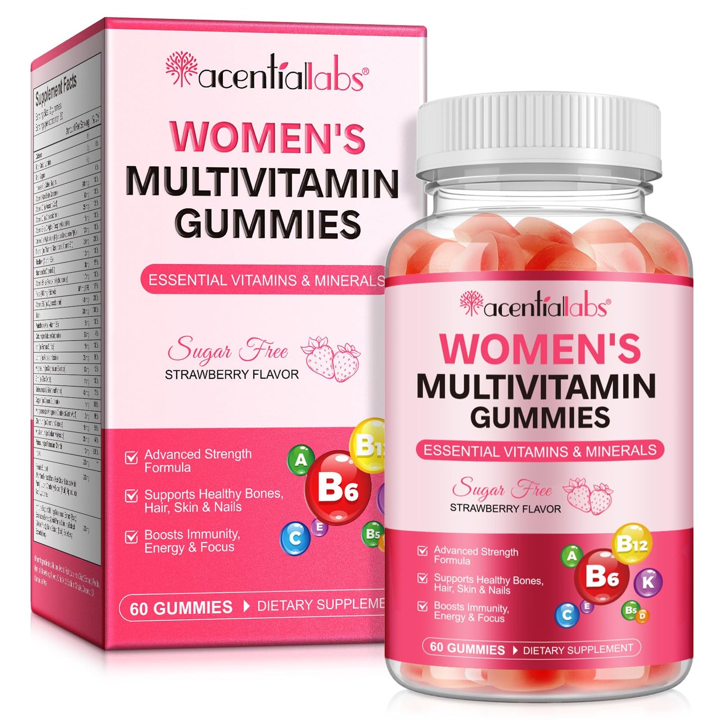 VOSIFSDIY Womens Multivitamin Gummy 60p, Multivitamin for Women, Boosts Healthy Bones Hair Skin and Nails, Boosts Immunity Energy, Strawberry Flavor