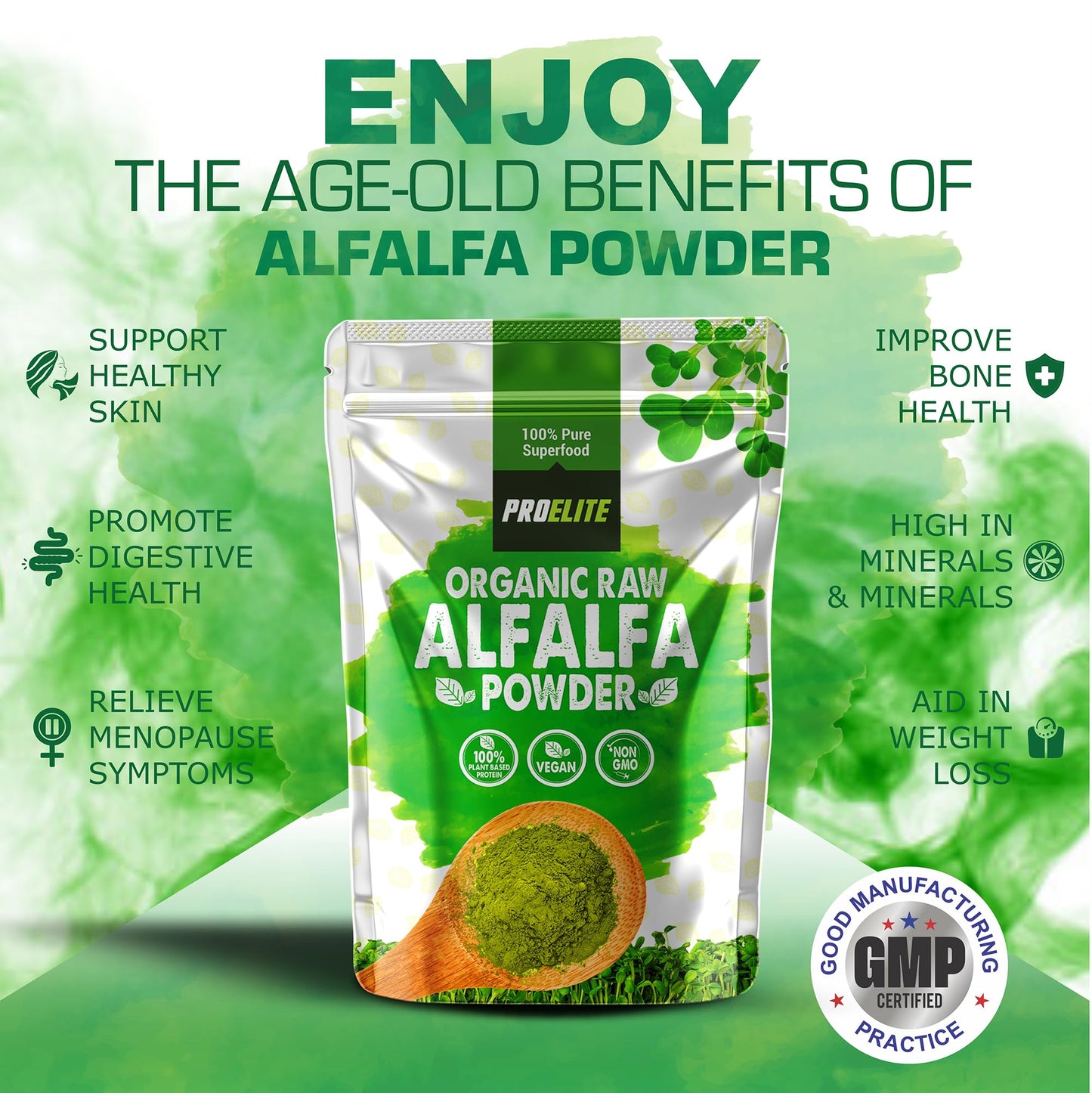 Organic Alfalfa Powder 500g Support Energy and Stress, Vegan Keto Green Superfood Supergreen Raw Natural Alfalfa Powder Juice Shots PROELITE