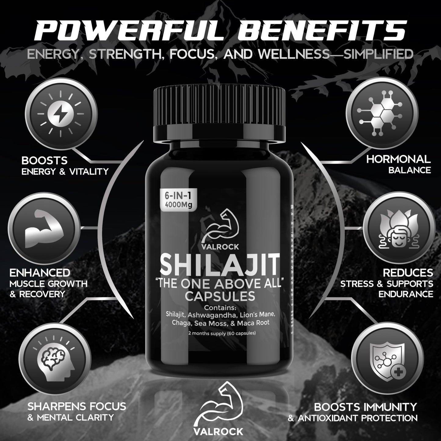 Shilajit 6-in-1 Capsules 4,000mg - Added Ashwagandha, Maca Root, Chaga & Sea Moss. 60 High Strength Muscle Building Capsules (2 Months Supply)