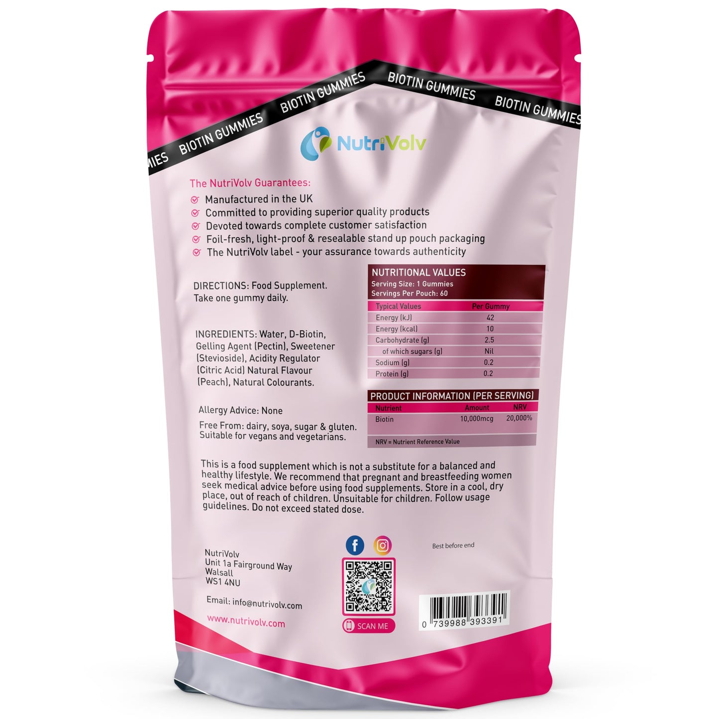 Nutrivolv Biotin Gummies 10,000mcg | 60 Vegan Gummies | 60 Day Supply | for Hair Growth & Skin & Nails Health | Natural Peach Flavour | Vitamin B7 Gummies | Gelatine Free | Sugar Free | Non-GMO | by NutriVolv