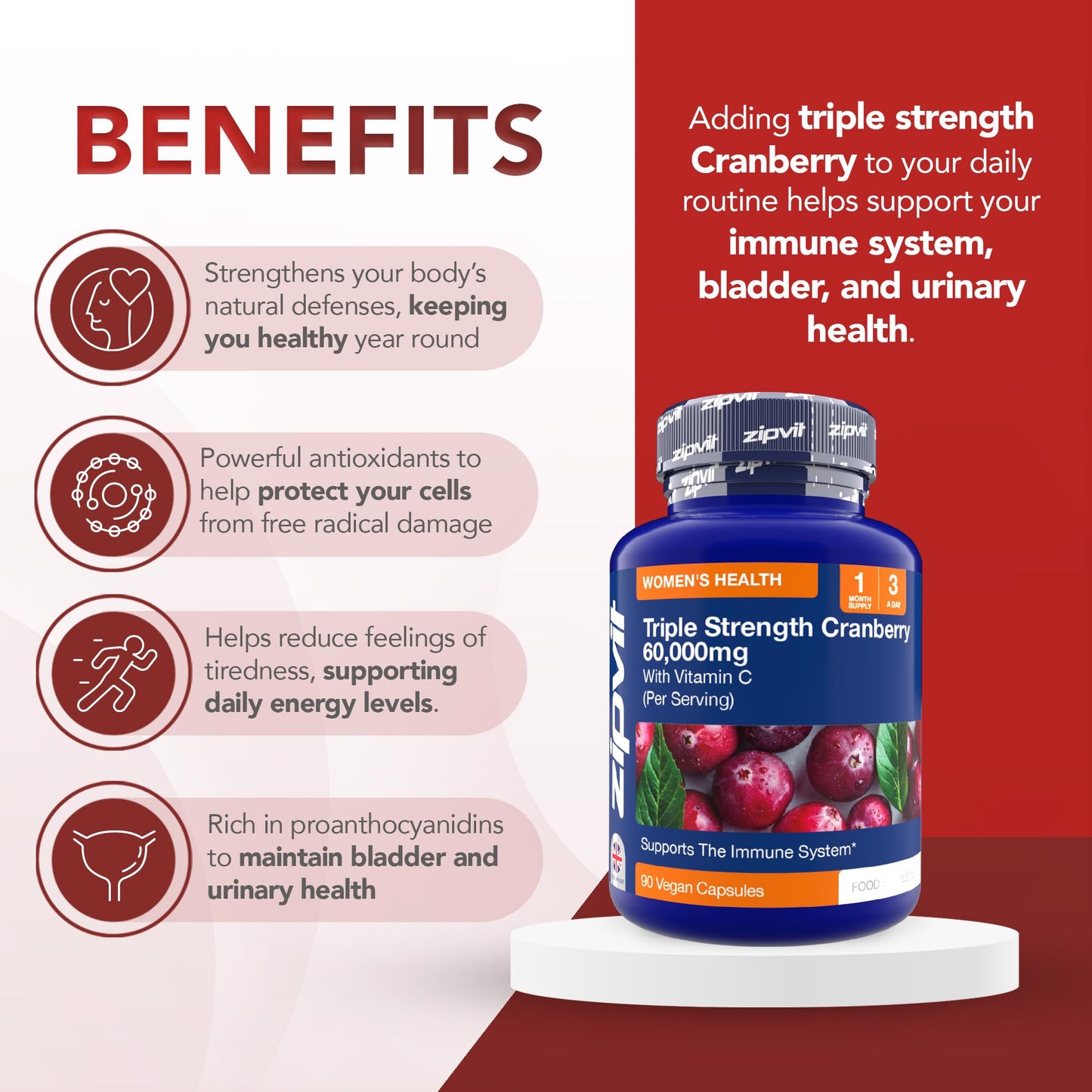 Zipvit Triple Strength Cranberry 60,000mg, High Strength Cranberry Extract with Vitamin C, 90 Vegan Capsules for Immune Support, 1 Month Supply, Supplement for Men & Women