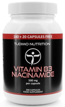 TUDIMO Vitamin B3 Niacinamide Supplement 500mg Flush Free Capsules - 200 High Strength Caps (6+ Month Supply), Each with 500 mg of Pure VIT B3 Nicotinamide 500mg Powder