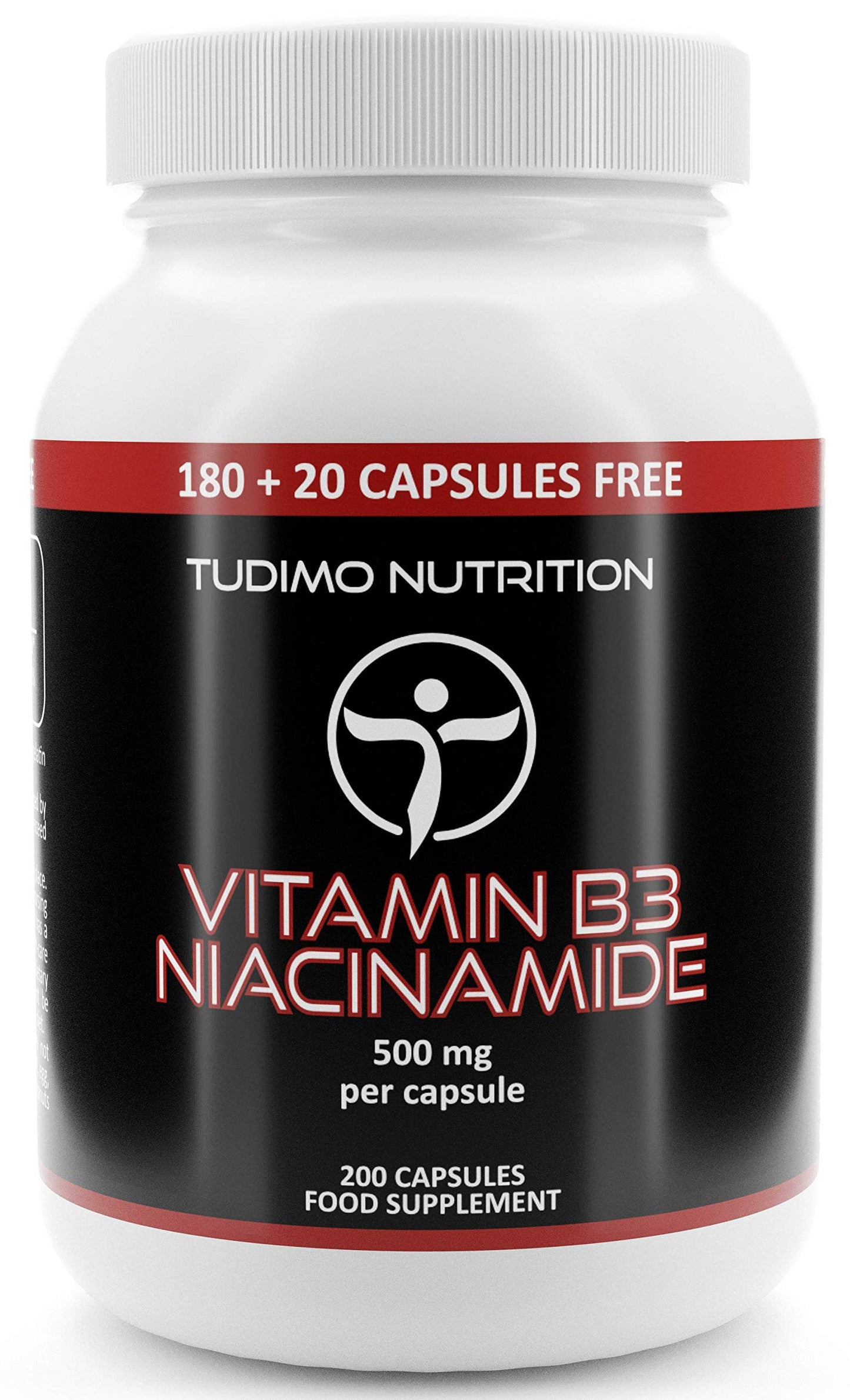 TUDIMO Vitamin B3 Niacinamide Supplement 500mg Flush Free Capsules - 200 High Strength Caps (6+ Month Supply), Each with 500 mg of Pure VIT B3 Nicotinamide 500mg Powder