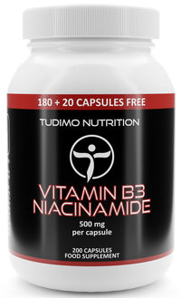 TUDIMO Vitamin B3 Niacinamide Supplement 500mg Flush Free Capsules - 200 High Strength Caps (6+ Month Supply), Each with 500 mg of Pure VIT B3 Nicotinamide 500mg Powder