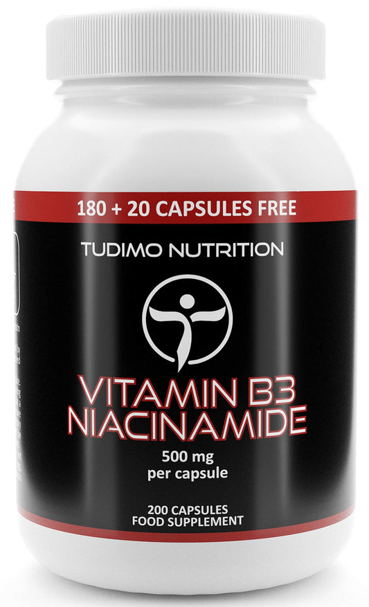 TUDIMO Vitamin B3 Niacinamide Supplement 500mg Flush Free Capsules - 200 High Strength Caps (6+ Month Supply), Each with 500 mg of Pure VIT B3 Nicotinamide 500mg Powder
