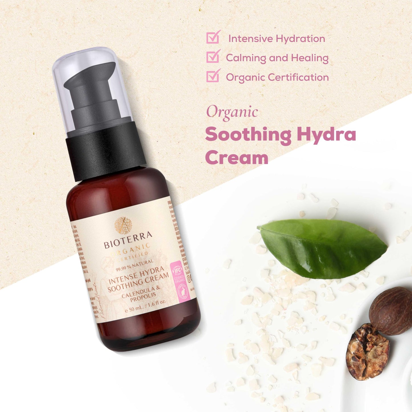 Bioterra Organic Intense Hydra Soothing Cream, with Calendula and Propolis, Natural Face Moisturiser, Antioxidants For Glowing Skin, 50 ml