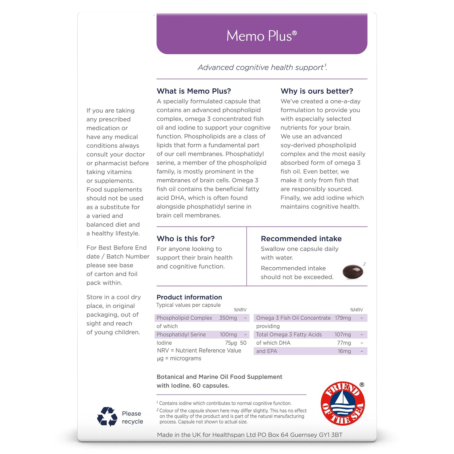 healthspan Healthspan Memo Plus (2 months' supply) | To support your brain Health & cognitive function | 350mg Advanced Phospholipid Complex | 179mg Omega 3 Fish Oil | 75µg Iodine | Friend of the Sea | One-a-day