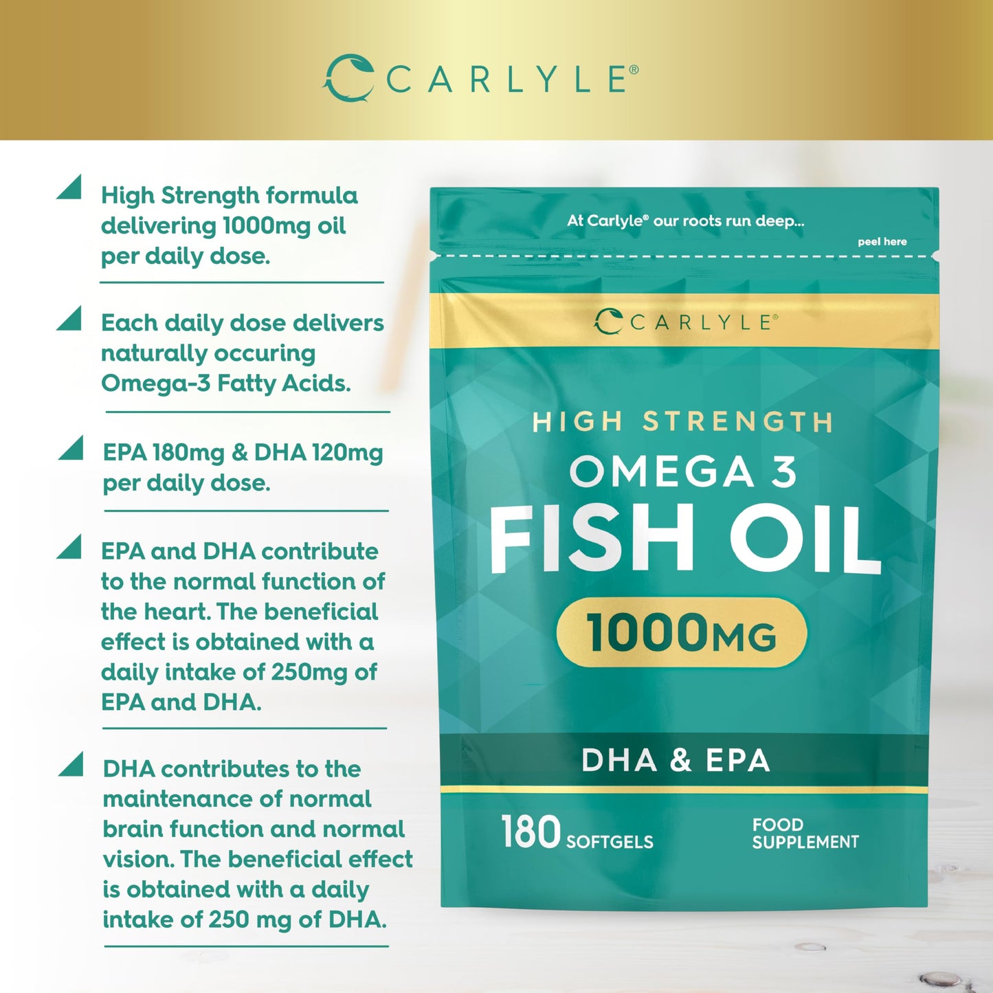 Omega 3 Capsules 1000mg | 180 Count | High Strength Omega 3 Fish Oil Supplement with 120mg of DHA and 180mg of EPA | No Artificial Preservatives | by Carlyle