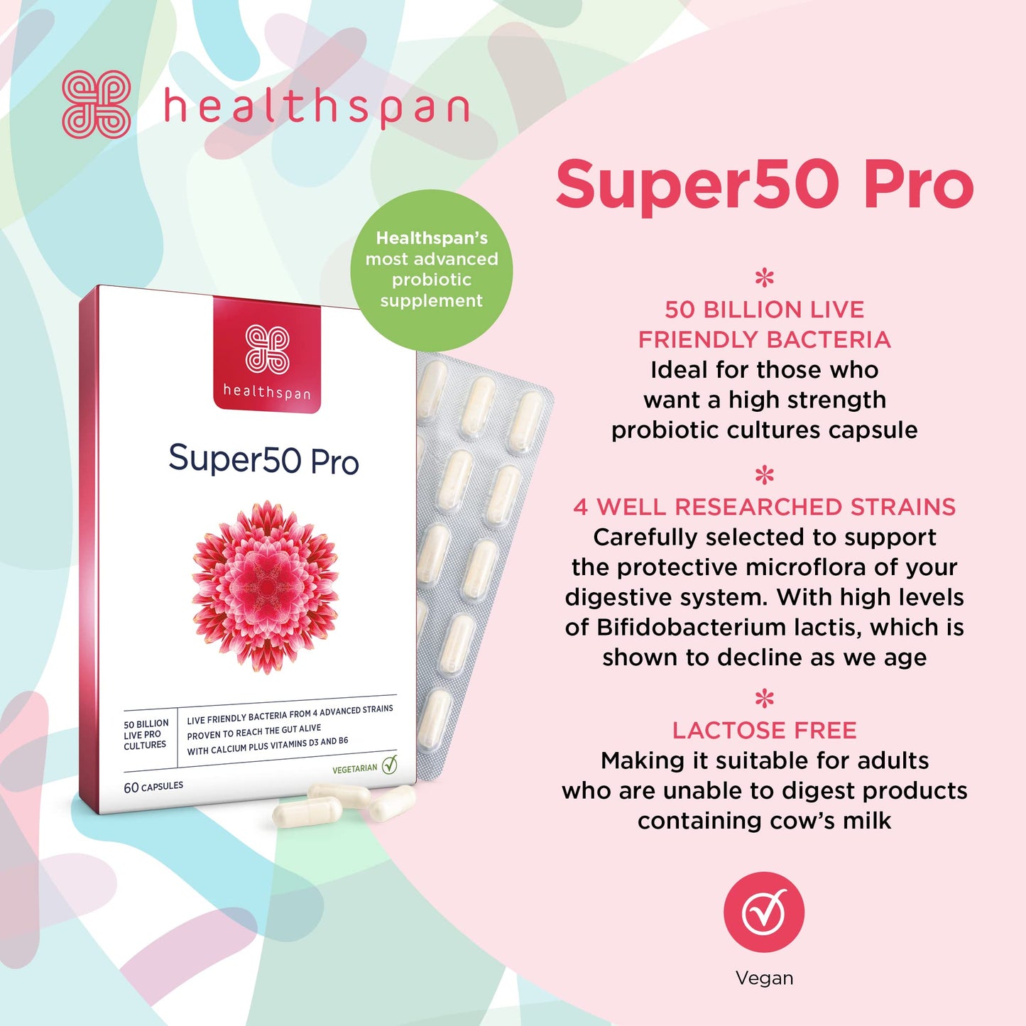 healthspan Healthspan Super50 Probiotic | Gut Health | with Vitamin D3 | 50 Billion Live Probiotic Cultures | Vitamin B6 | Calcium | Vegetarian (60 Capsules)