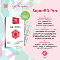 healthspan Healthspan Super50 Probiotic | Gut Health | with Vitamin D3 | 50 Billion Live Probiotic Cultures | Vitamin B6 | Calcium | Vegetarian (60 Capsules)