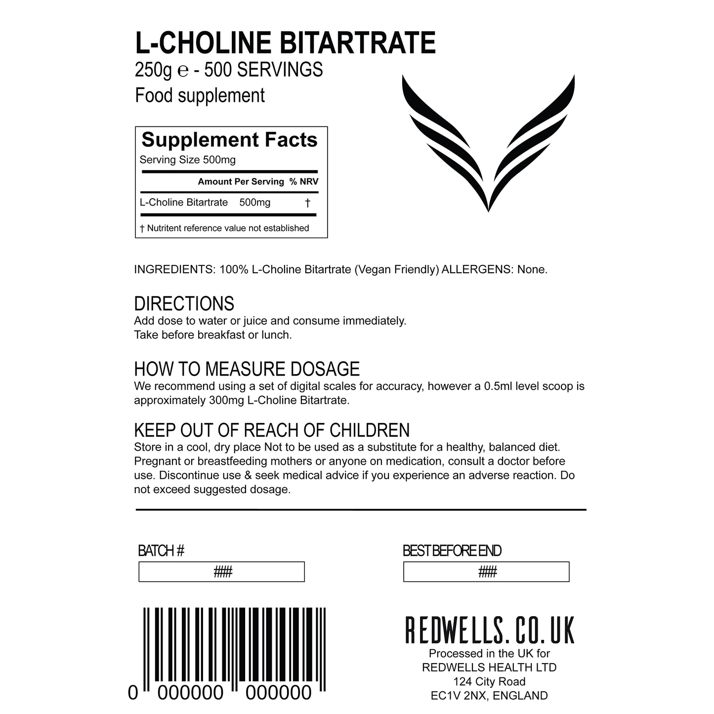 Choline Bitartrate Powder REDWELLS Cognitive Enhancer GMO Free Vegan - 250g Pack
